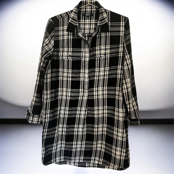 Madewell Dresses & Skirts - MADEWELL Daywalk Plaid Flannel Shirt Dress Size S Long Sleeve Black White